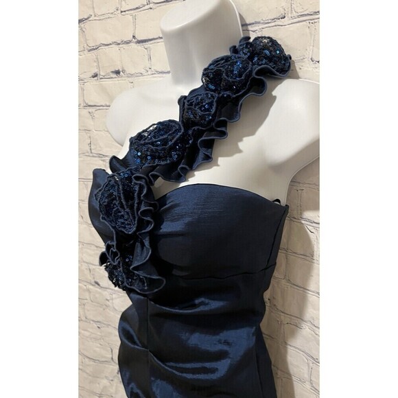 BETSY & ADAM blue cocktail one shoulder Flower detail Blue dress Size 6 Petite - Picture 5 of 8